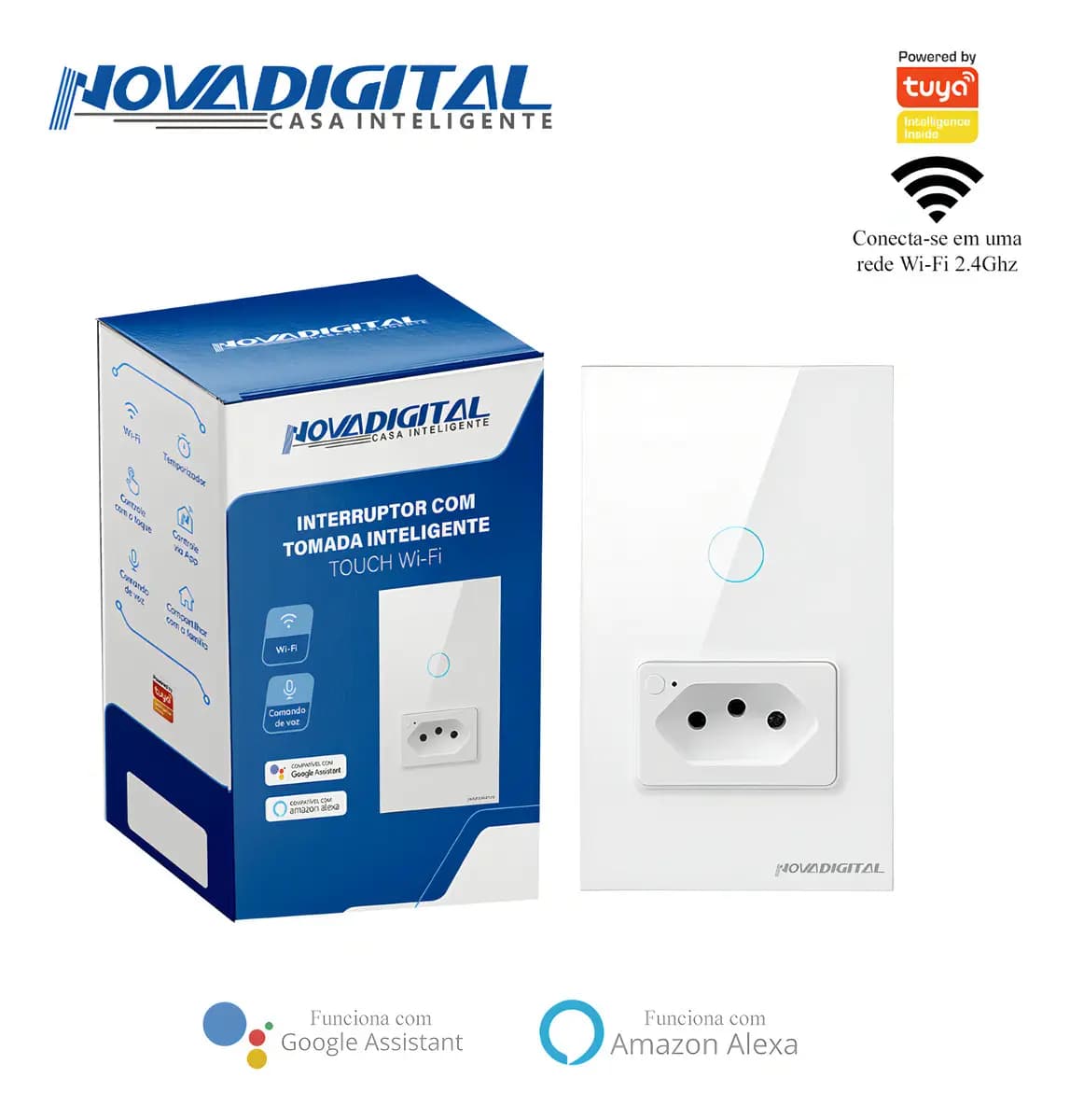 Interruptor Inteligente Wifi Novadigital 1 Tecla Botão Touch Com Tomada 20a Compatível Tuya Smart Life Alexa Google 110v 220v Branco — imagem 3