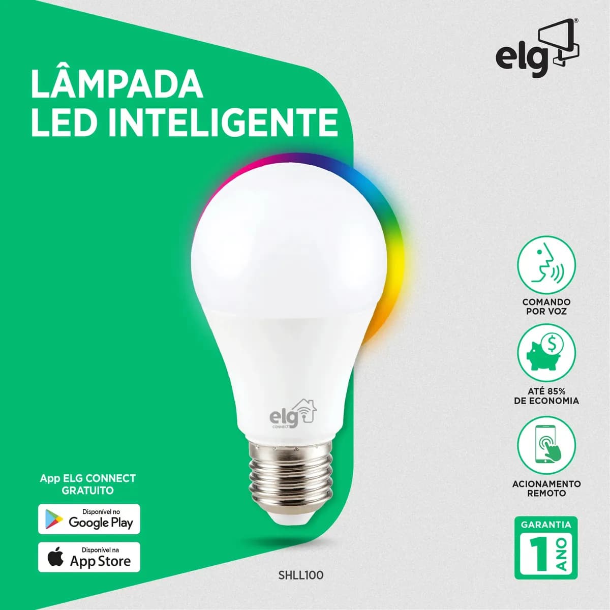 Lâmpada Inteligente de LED ELG SHLL100 10W Dimerizável, Compatível com WI-FI, Bluetooth, Comando de Voz, Soquete E26/E27, 16 Milhões de Cores RGB — imagem 2