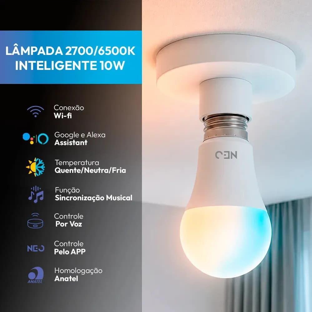 Lampada Led Pera Smart Inteligente Wi Fi 10w 2700K/6500K Branco Quente/Neutro/Frio E27 110v/220v Cod:290018079 Neo Avant