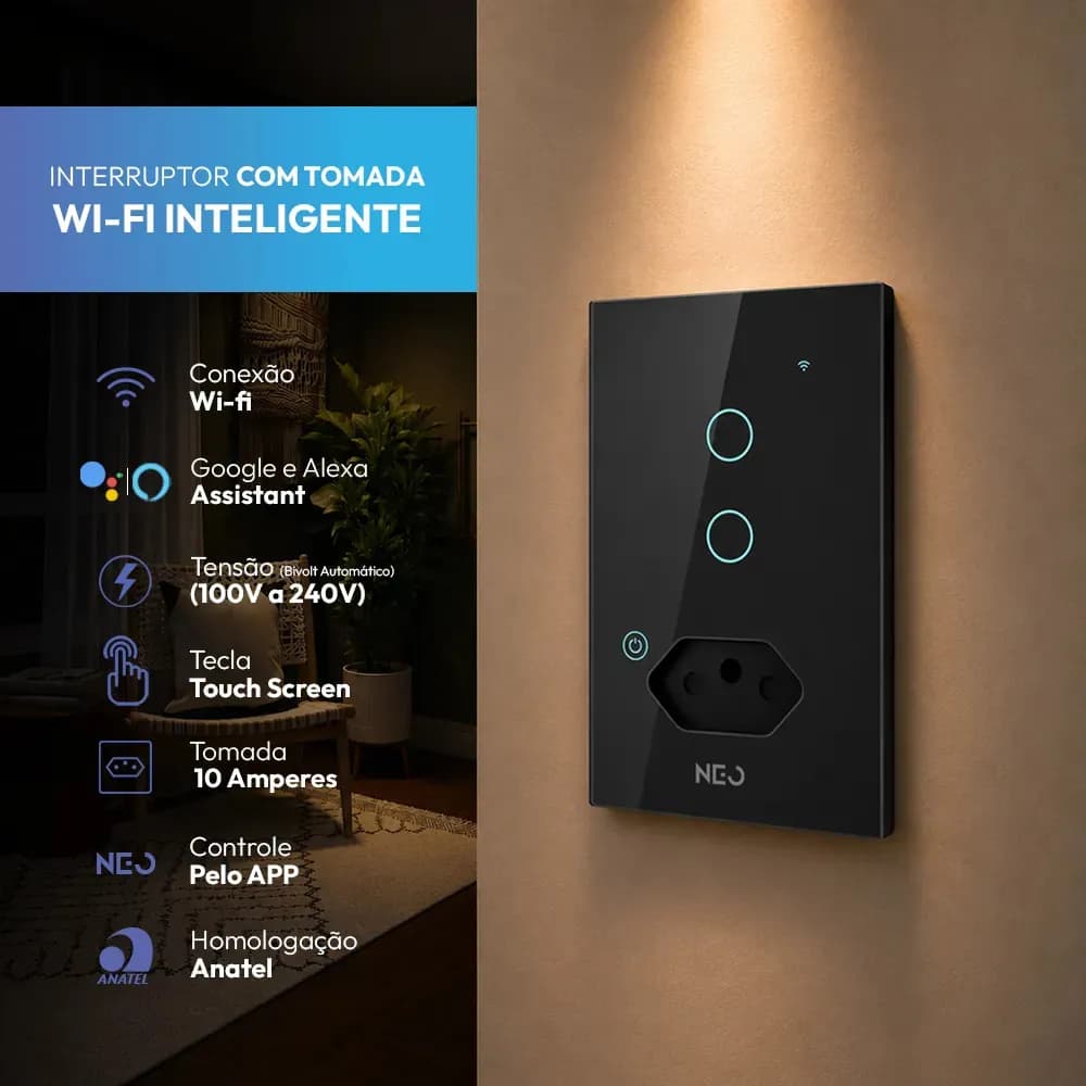 Interruptor Inteligente Smart Wifi Alexa Google 2 Botões Tomada 4x2 Bivolt Preto Neo — imagem 4