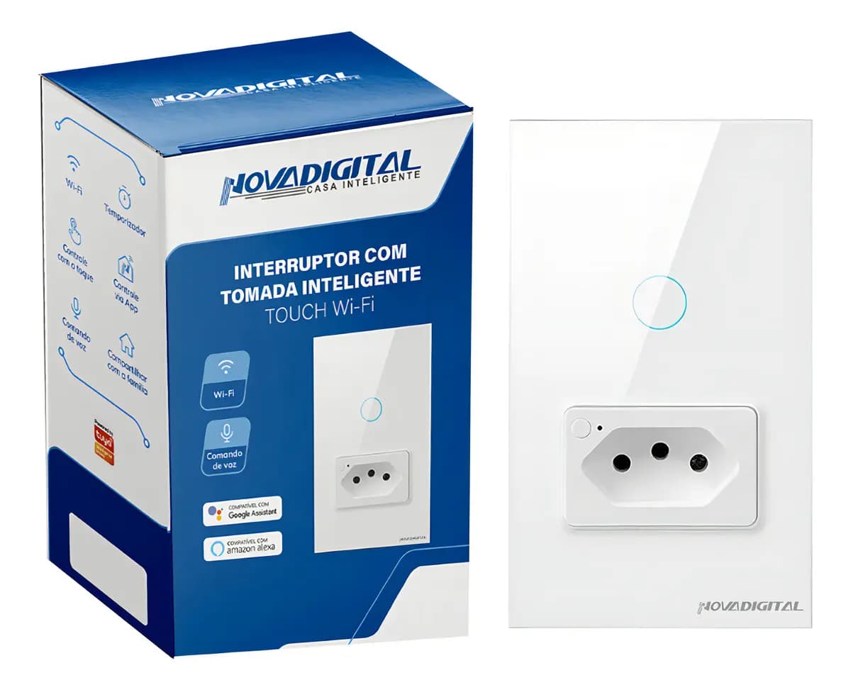 Interruptor Inteligente Wifi Novadigital 1 Tecla Botão Touch Com Tomada 20a Compatível Tuya Smart Life Alexa Google 110v 220v Branco