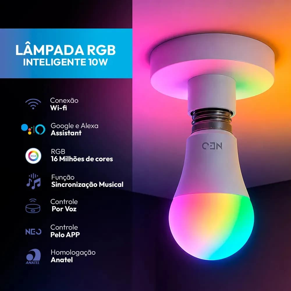 Lampada Led Pera Smart Inteligente Wi Fi 2.4ghz Alexa Google 10w Rgb 2700k/6500k Branco Quente/neutro/frio E27 Cod: 290028177 Avant Neo